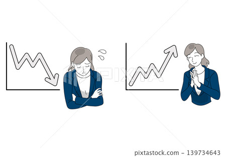 An illustration of a female office worker comparing line graphs showing a decline and an increase in trend. An illustration of a female office worker comparing line graphs showing a decline and an increase in trend. 139734643