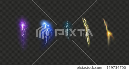 Realistic lightning set. Natural light effect, bright glowing thunderstorm design element Realistic lightning set. Natural light effect, bright glowing thunderstorm design element 139734700