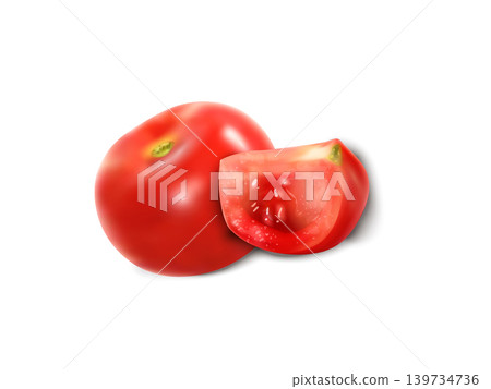 Ripe tomato whole and slice 3d realistic illustration Ripe tomato whole and slice 3d realistic illustration 139734736