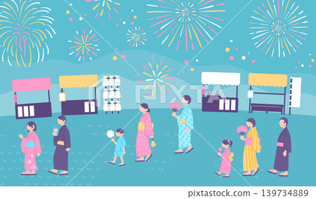 A horizontal illustration depicting a summer festival venue with fireworks spreading across a pastel blue sky, and a family wearing yukata (summer kimonos). A horizontal illustration depicting a summer festival venue with fireworks spreading across a pastel blue sky, and a family wearing yukata (summer kimonos). 139734889