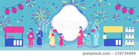 A pop-style horizontal background illustration of a summer festival, featuring neon-colored lanterns and fireworks, with a central frame. A pop-style horizontal background illustration of a summer festival, featuring neon-colored lanterns and fireworks, with a central frame. 139734894