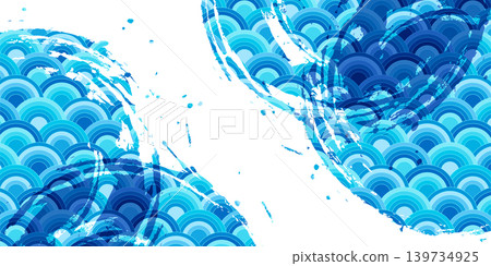 Blue wave pattern and brushstroke Japanese-style background Blue wave pattern and brushstroke Japanese-style background 139734925