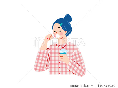 An illustration of a woman brushing her teeth while wearing pajamas. An illustration of a woman brushing her teeth while wearing pajamas. 139735080