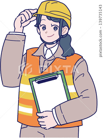 插圖描繪了一名戴著黃色安全帽、穿著反光背心和工作服的女工人。 插圖描繪了一名戴著黃色安全帽、穿著反光背心和工作服的女工人。 139735143