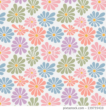 Retro Seamless Daisy Floral Pattern with Pastel Flowers on White Background Retro Seamless Daisy Floral Pattern with Pastel Flowers on White Background 139735410