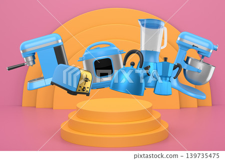 Set of kitchen appliances and utensils floating in mid-air over podium and abstract background, modern cooking concepts 139735475