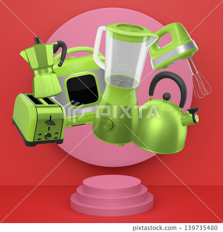 Set of kitchen appliances and utensils floating in mid-air over podium and abstract background, modern cooking concepts 139735480