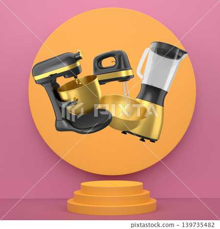 Electric kitchen appliances including mixer, blender and whisk floating on abstract background, concept of modern cooking tools 139735482