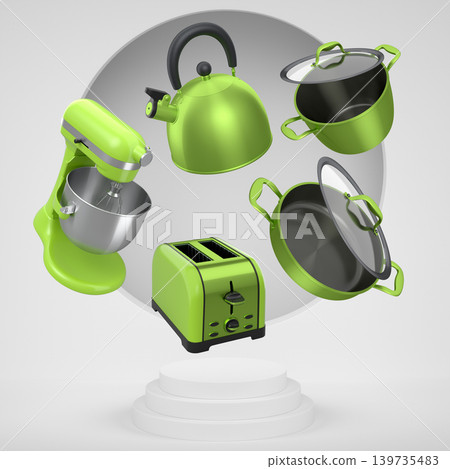 Assorted kitchen appliances and cookware floating against abstract backdrop and podium, modern culinary tools concept 139735483