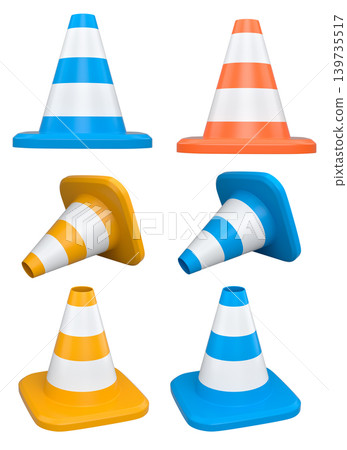 Traffic safety cones with white stripes, isolated on white background with clipping path. Concept of road safety equipment Traffic safety cones with white stripes, isolated on white background with clipping path. Concept of road safety equipment 139735517