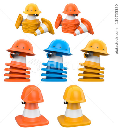 Stack of construction helmets and traffic cones isolated white background with clipping path, representing safety equipment Stack of construction helmets and traffic cones isolated white background with clipping path, representing safety equipment 139735520