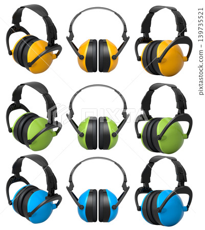 Set of colorful protective earmuffs isolated on a white background with clipping path, concept of hearing protection 139735521