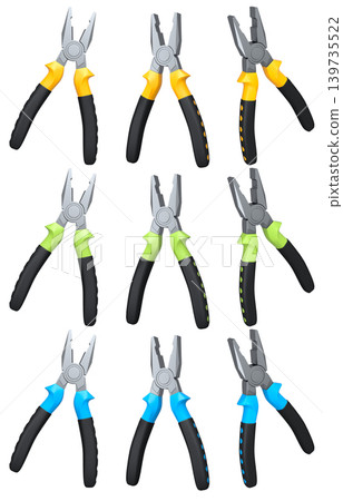 Set of steel pliers with black rubber grips and colorful handles shown isolated on white background, construction tool concept Set of steel pliers with black rubber grips and colorful handles shown isolated on white background, construction tool concept 139735522