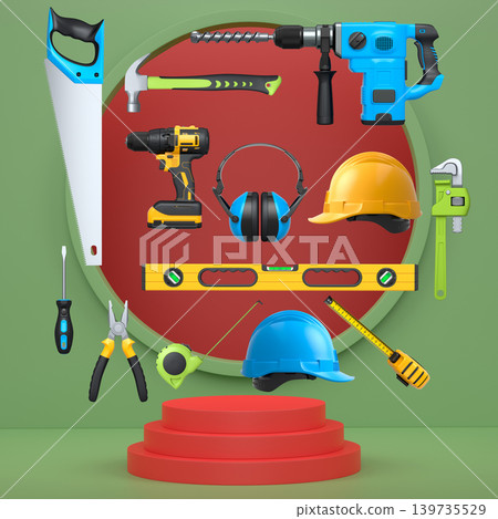 Construction tools and safety equipment floating over podium on abstract background, industrial work and protection concept Construction tools and safety equipment floating over podium on abstract background, industrial work and protection concept 139735529