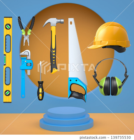 Construction tools and safety equipment floating over podium on abstract background, industrial work and protection concept Construction tools and safety equipment floating over podium on abstract background, industrial work and protection concept 139735530