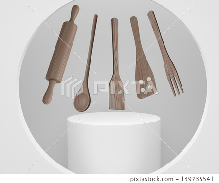 Set of kitchen utensils including rolling pin, spoon, spatula, fork, floating above colorful pedestal in minimalist background Set of kitchen utensils including rolling pin, spoon, spatula, fork, floating above colorful pedestal in minimalist background 139735541