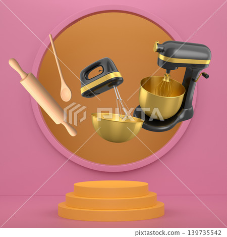 Floating kitchen tools including electric mixers, bowls, and utensils floating over podium on abstract background, baking tools 139735542