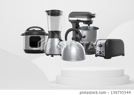 Set of kitchen appliances and utensils floating in mid-air over podium and abstract background, modern cooking concepts Set of kitchen appliances and utensils floating in mid-air over podium and abstract background, modern cooking concepts 139735544