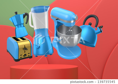 Assorted kitchen appliances including blender, toaster, kettle and coffee maker over podium on abstract background 139735545
