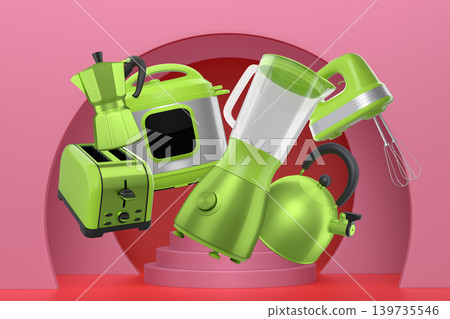 Set of kitchen appliances and utensils floating in mid-air over podium and abstract background, modern cooking concepts Set of kitchen appliances and utensils floating in mid-air over podium and abstract background, modern cooking concepts 139735546