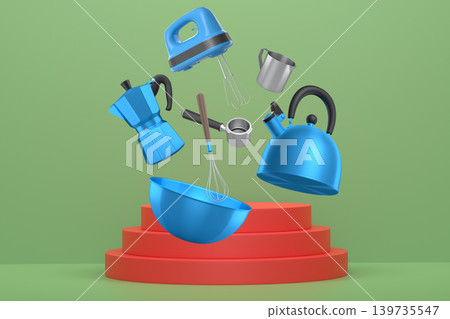 Set of kettle, moka pot and portafilter with black handles floating above pedestal and abstract minimal abstract background, 139735547