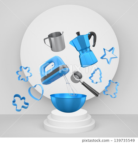 Set of kitchen tools including mixer, moka pot, bowl and cookie cutters float above pedestal and abstract background. Set of kitchen tools including mixer, moka pot, bowl and cookie cutters float above pedestal and abstract background. 139735549