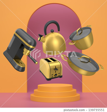 Assorted kitchen appliances and cookware floating against abstract backdrop and podium, modern culinary tools concept 139735551