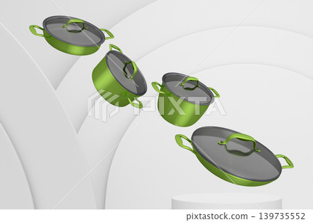 Set of kitchen cookware set with lids floating in midair, over colorfull podium and backdrop, concept of premium utensils 139735552
