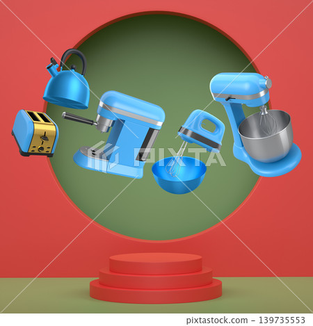 Set of kitchen appliances including mixer, toaster, kettle, and coffee maker on white colorful podium and background 139735553