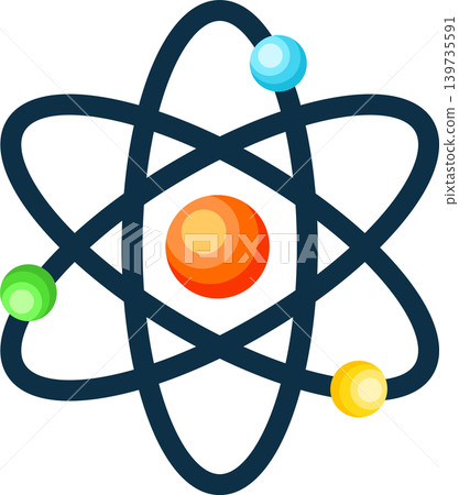 Stylized illustration of an atom with orbiting electrons and nucleus Stylized illustration of an atom with orbiting electrons and nucleus 139735591
