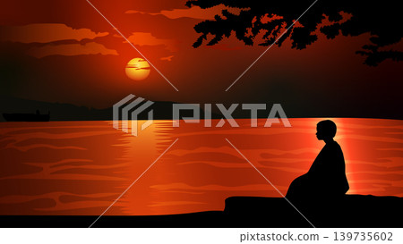 sunset, silhouette, lake 139735602