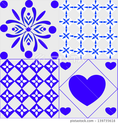 Set of four decorative ceramic tiles with blue pattern on white background, Set of four decorative ceramic tiles with blue pattern on white background, 139735618