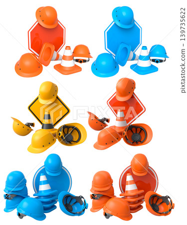 Construction hard hats, traffic cones, and road signs isolated on white background with clipping path, concept of safety gear Construction hard hats, traffic cones, and road signs isolated on white background with clipping path, concept of safety gear 139735622