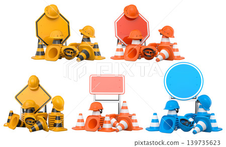 Construction hard hats, traffic cones, and road signs isolated on white background with clipping path, concept of safety gear Construction hard hats, traffic cones, and road signs isolated on white background with clipping path, concept of safety gear 139735623