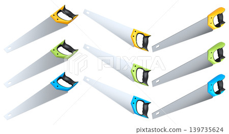 Set of hand saws with ergonomic handles, displayed on white background with clipping path, Construction tool concept 139735624