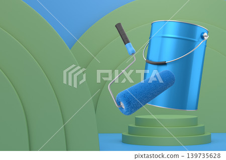 Paint roller and metal bucket floating over podium with abstract background, representing home renovation concept Paint roller and metal bucket floating over podium with abstract background, representing home renovation concept 139735628