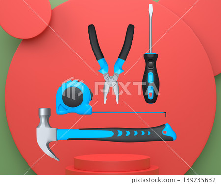 Construction tools and safety equipment floating over podium on abstract background, industrial work and protection concept Construction tools and safety equipment floating over podium on abstract background, industrial work and protection concept 139735632