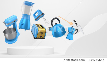 Set of kitchen appliances and utensils floating in mid-air over podium and abstract background, modern cooking concepts 139735644