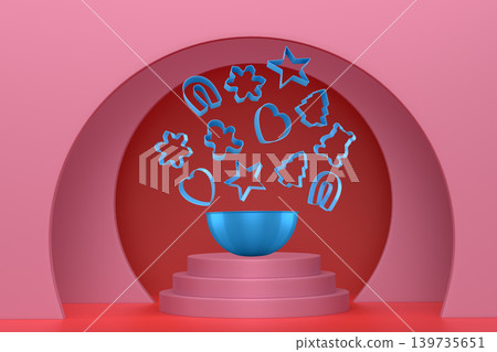 Set of cookie cutters float above a bowl and podium with abstract background, symbolizing baking creativity 139735651