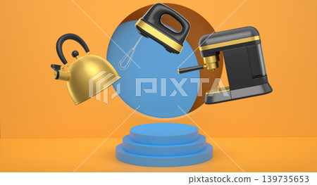 A kettle, hand mixer, and espresso machine floating on podium, minimalist background, concept of modern kitchen equipment showcase A kettle, hand mixer, and espresso machine floating on podium, minimalist background, concept of modern kitchen equipment showcase 139735653