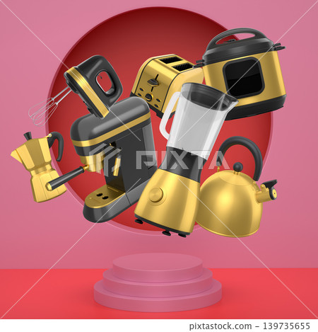 Set of kitchen appliances and utensils floating in mid-air over podium and abstract background, modern cooking concepts 139735655