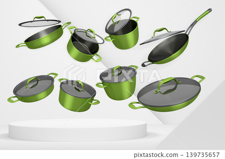 Set of kitchen cookware set with lids floating in midair, over colorfull podium and backdrop, concept of premium utensils 139735657
