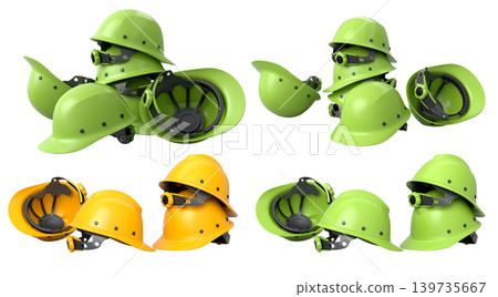 Set of construction safety helmets isolated on white transparent background, symbolizing safety and industry standards 139735667