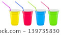 Set of colorful plastic drinking cups with black bendy straws isolated on a white background, symbolizing party beverages 139735830