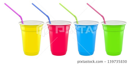 Set of colorful plastic drinking cups with black bendy straws isolated on a white background, symbolizing party beverages Set of colorful plastic drinking cups with black bendy straws isolated on a white background, symbolizing party beverages 139735830