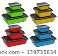 Stacked plastic food storage containers with black lids, isolated on white background, concept of organized storage 139735834