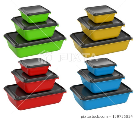 Stacked plastic food storage containers with black lids, isolated on white background, concept of organized storage Stacked plastic food storage containers with black lids, isolated on white background, concept of organized storage 139735834
