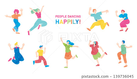 A set of colorful flat illustrations of people dancing happily. A set of colorful flat illustrations of people dancing happily. 139736045
