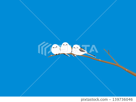 一幅插圖，描繪了三隻長尾山雀在晴朗的藍天下棲息在樹枝上。 139736046
