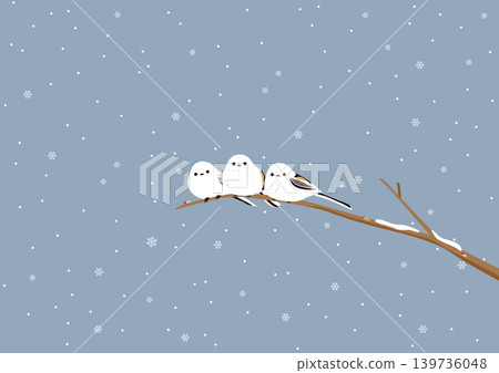 一幅插圖,描繪了三隻長尾山雀在陰雪天棲息在樹枝上的情景。 一幅插圖,描繪了三隻長尾山雀在陰雪天棲息在樹枝上的情景。 139736048